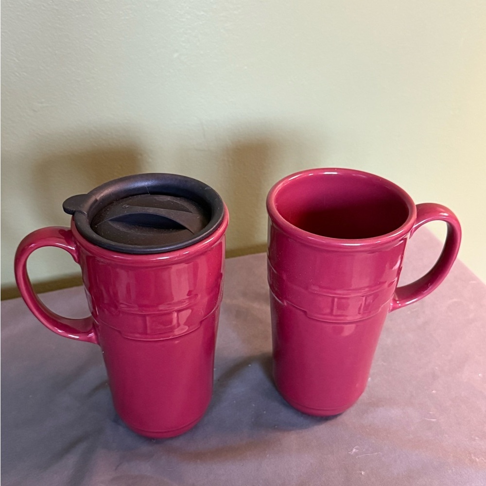 Longaberger Woven Traditions Paprika Pottery Travel Mugs, Set of 3 mugs, 1 lid